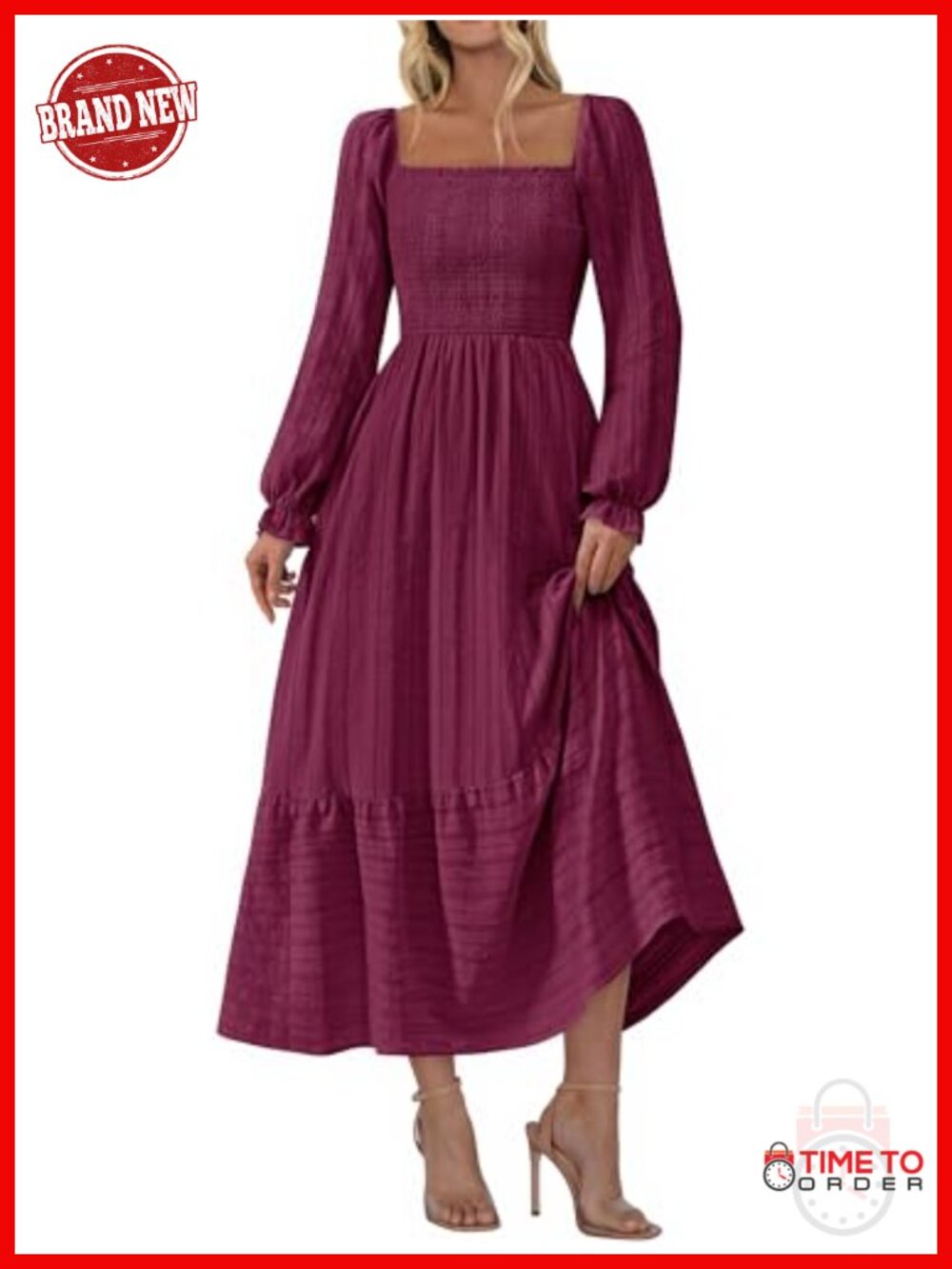 Women's Long Sleeve Maxi Dress Square Neck A-Line Cotton Boho
